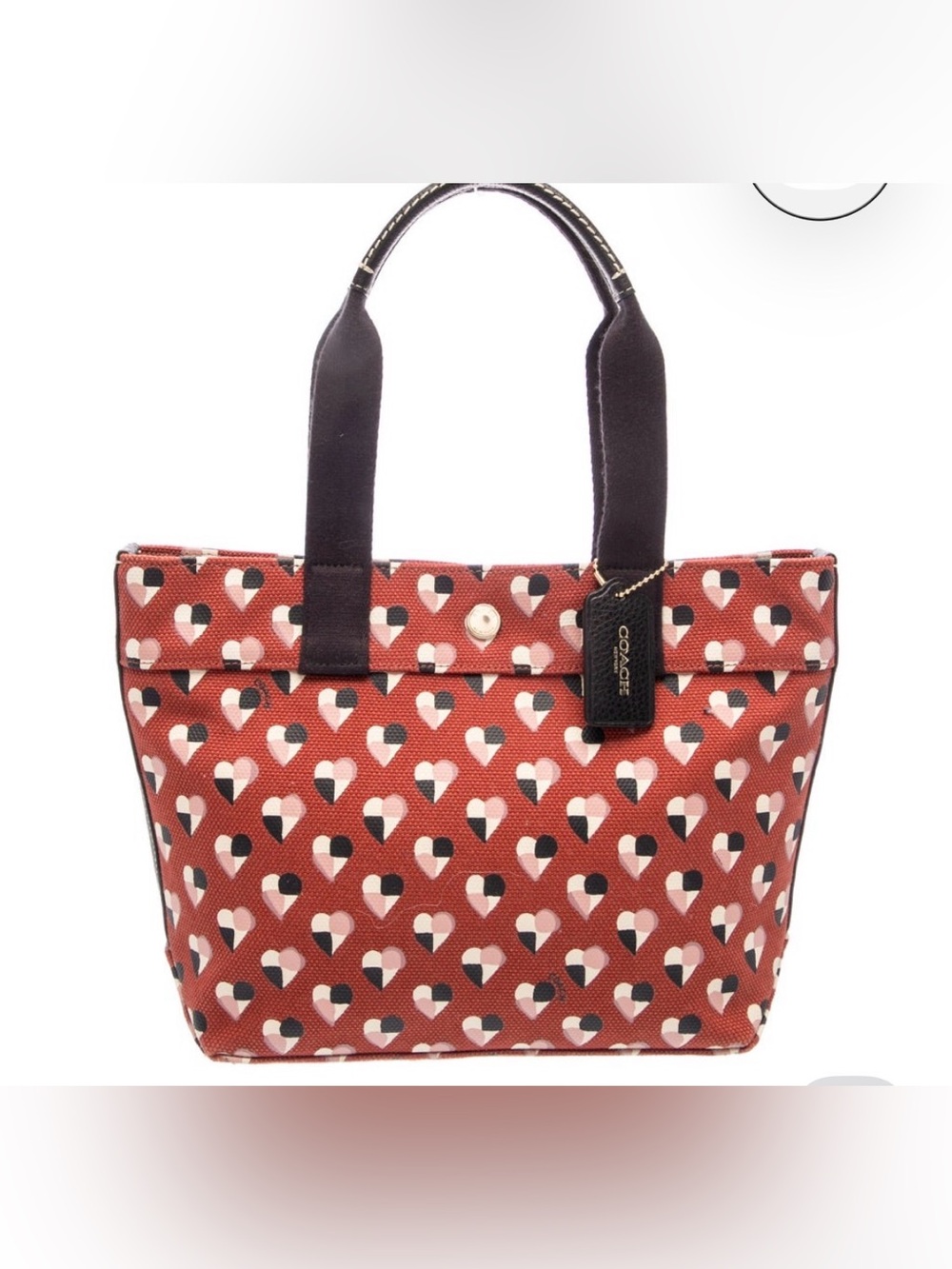 Coach Red Heart-Print Canvas Tote with Black Handles